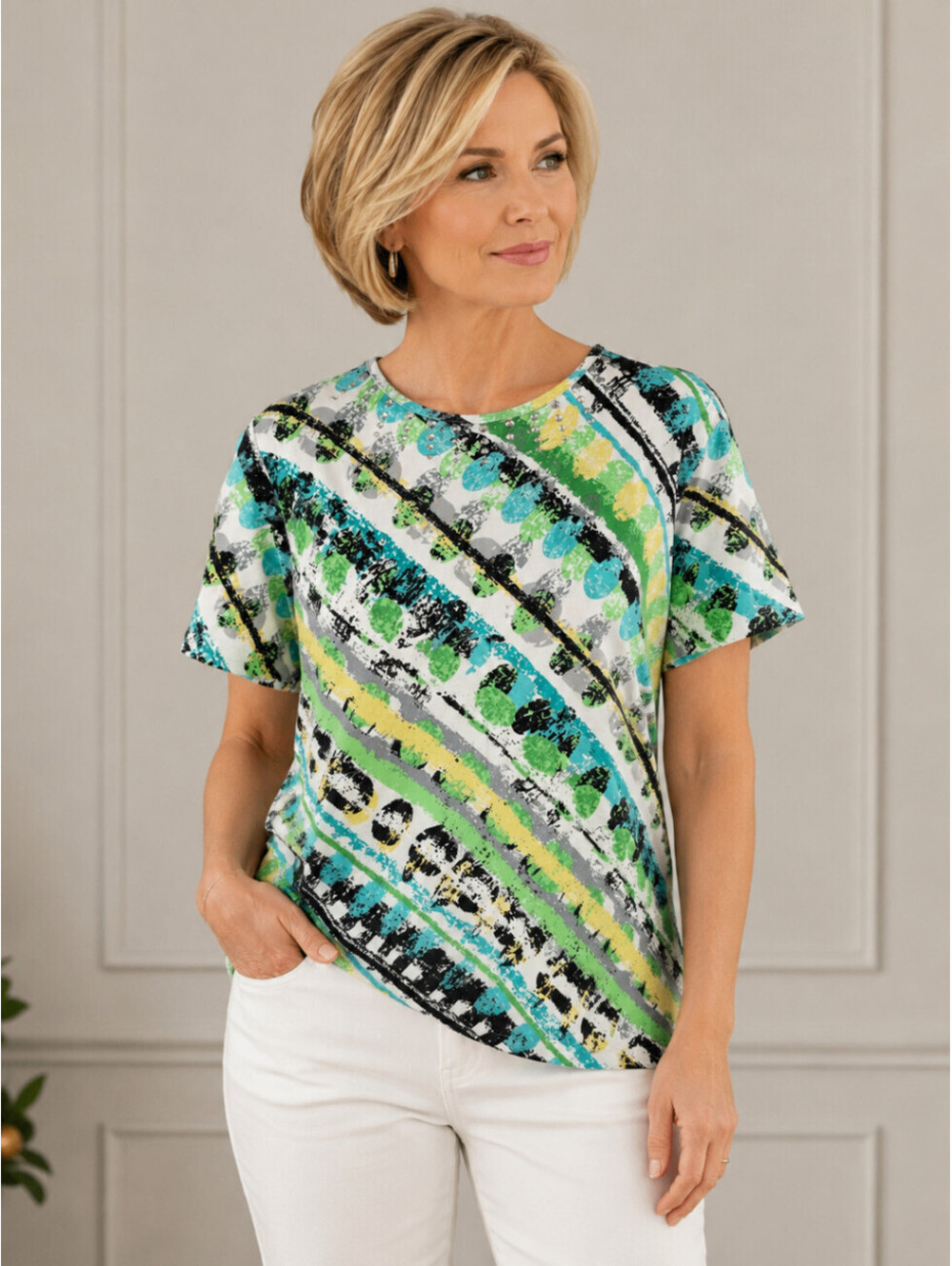 Alfred Dunner Womens Small S Multi-Color Abstract Studded Cotton Blend T-Shirt